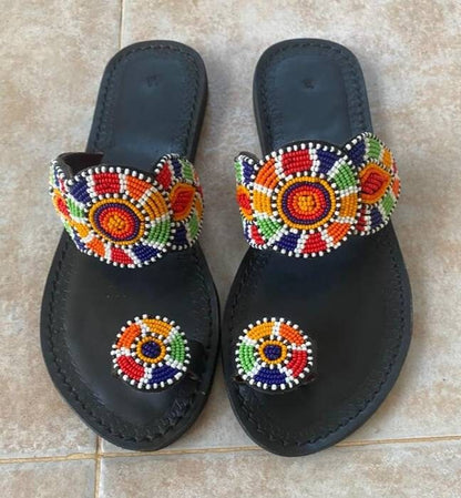 Handmade African Beaded Sandals/Authentic Maasai-Style Leather Flip-Flops Women/Boho Beach Sandals/Comfortable Summer Sandal African Gifts