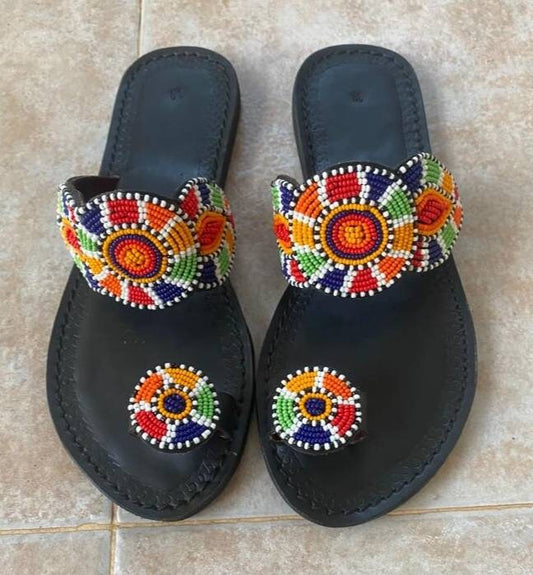 Handmade African Beaded Sandals/Authentic Maasai-Style Leather Flip-Flops Women/Boho Beach Sandals/Comfortable Summer Sandal African Gifts