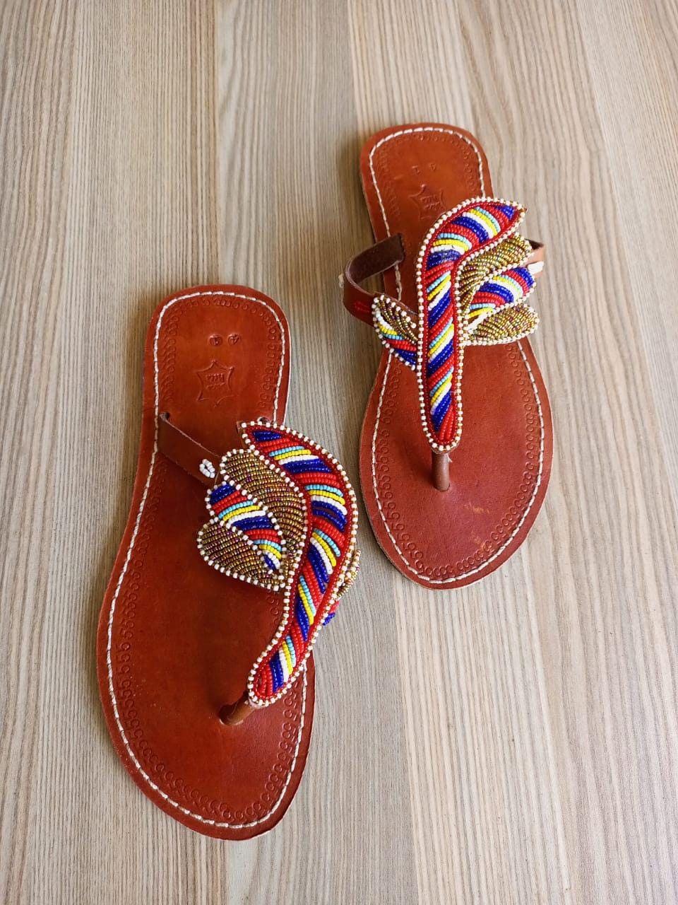 Handmade African Beaded Sandals/Authentic Maasai-Style Leather Flip-Flops Women/Boho Beach Sandals/Comfortable Summer Sandal African Gifts