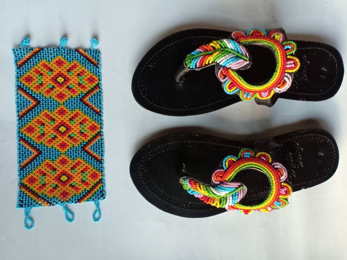 Handmade African Beaded Sandals/Authentic Maasai-Style Leather Flip-Flops Women/Boho Beach Sandals/Comfortable Summer Sandal African Gifts