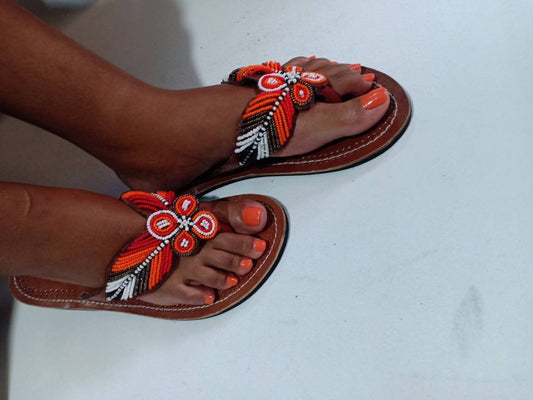 Handmade African Beaded Sandals/Authentic Maasai-Style Leather Flip-Flops Women/Boho Beach Sandals/Comfortable Summer Sandal African Gifts