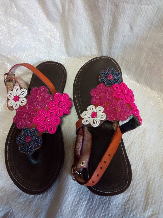 Handmade African Beaded Sandals/Authentic Maasai-Style Leather Flip-Flops Women/Boho Beach Sandals/Comfortable Summer Sandal African Gifts