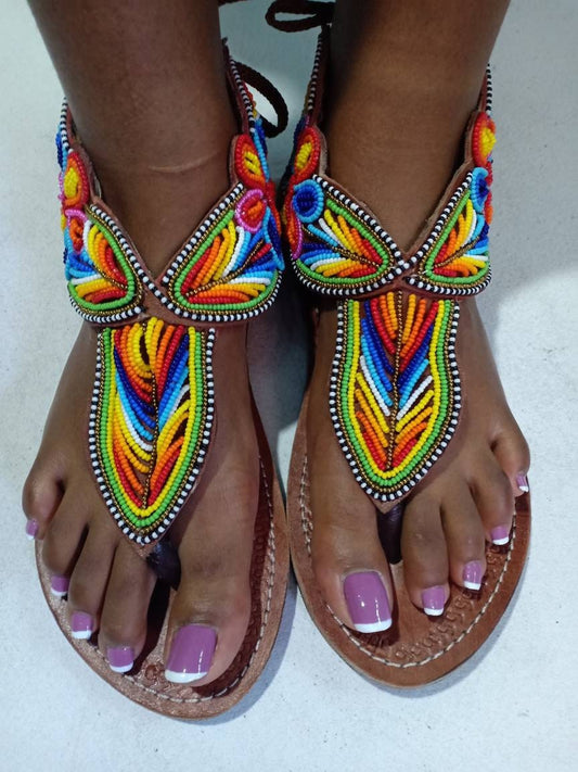 Handmade African Beaded Sandals/Authentic Maasai-Style Leather Flip-Flops Women/Boho Beach Sandals/Comfortable Summer Sandal African Gifts
