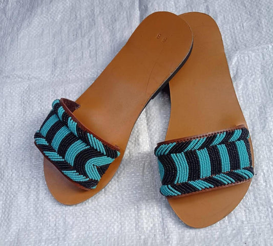 Handmade African Beaded Sandals/Authentic Maasai-Style Leather Flip-Flops Women/Boho Beach Sandals/Comfortable Summer Sandal African Gifts