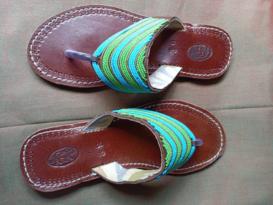 Handmade African Beaded Sandals/Authentic Maasai-Style Leather Flip-Flops Women/Boho Beach Sandals/Comfortable Summer Sandal African Gifts