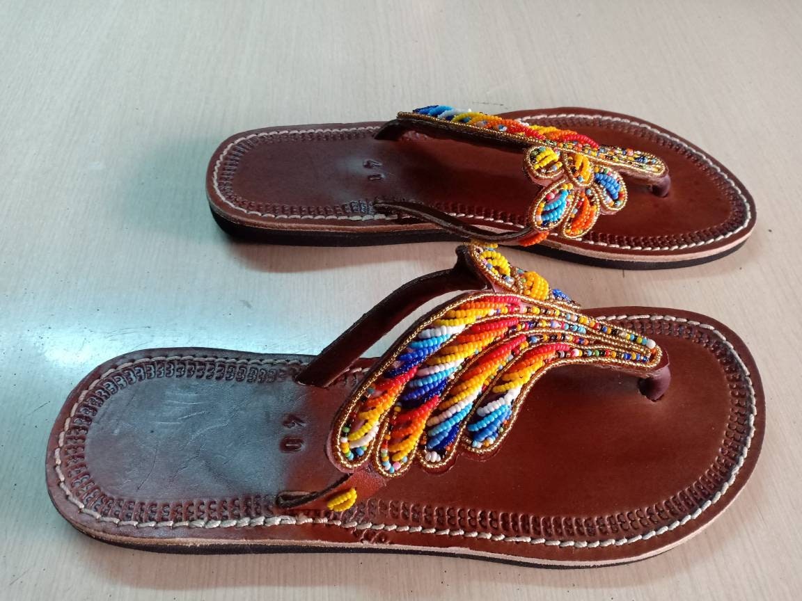 Handmade African Beaded Sandals/Authentic Maasai-Style Leather Flip-Flops Women/Boho Beach Sandals/Comfortable Summer Sandal African Gifts