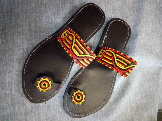 Handmade African Beaded Sandals/Authentic Maasai-Style Leather Flip-Flops Women/Boho Beach Sandals/Comfortable Summer Sandal African Gifts