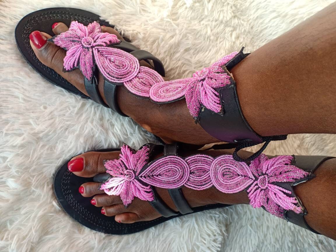 Handmade African Beaded Sandals/Authentic Maasai-Style Leather Flip-Flops Women/Boho Beach Sandals/Comfortable Summer Sandal African Gifts