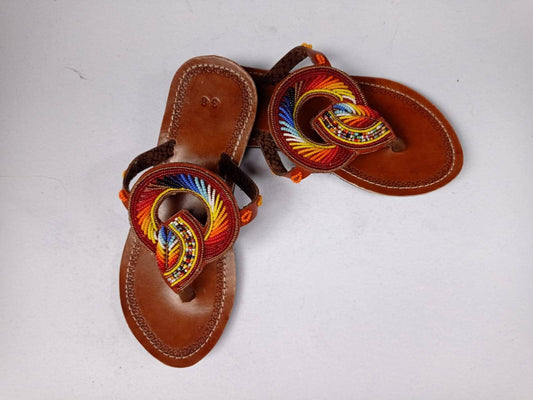 Handmade African Beaded Sandals/Authentic Maasai-Style Leather Flip-Flops Women/Boho Beach Sandals/Comfortable Summer Sandal African Gifts