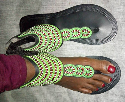 Handmade African Beaded Sandals/Authentic Maasai-Style Leather Flip-Flops Women/Boho Beach Sandals/Comfortable Summer Sandal African Gifts