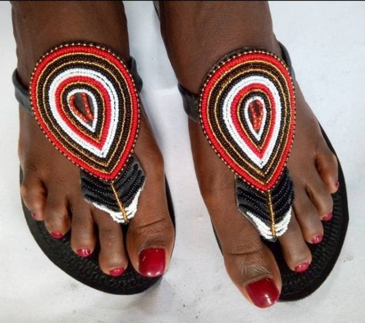 Handmade African Beaded Sandals/Authentic Maasai-Style Leather Flip-Flops Women/Boho Beach Sandals/Comfortable Summer Sandal African Gifts