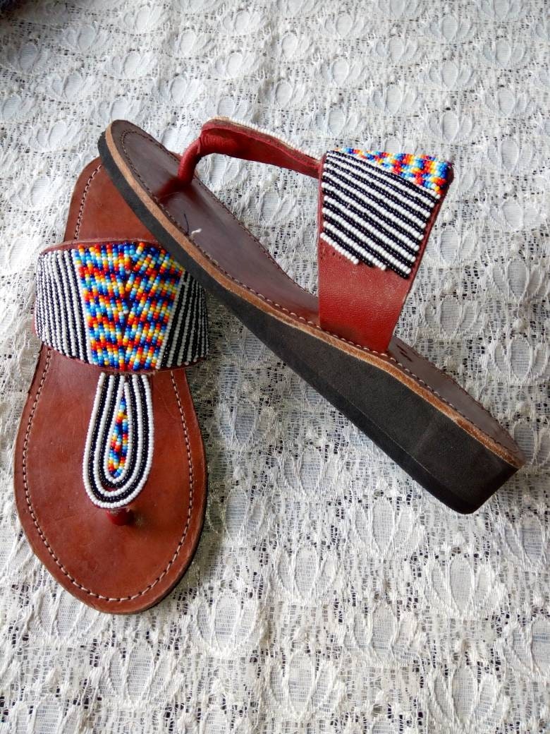 Handmade African Beaded Sandals/Authentic Maasai-Style Leather Flip-Flops Women/Boho Beach Sandals/Comfortable Summer Sandal African Gifts