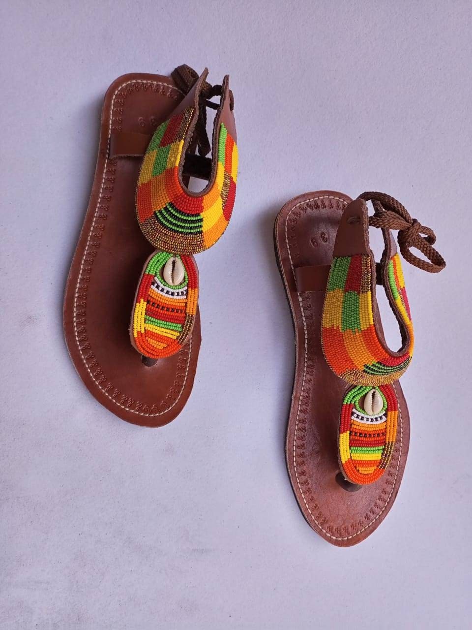 Handmade African Beaded Sandals/Authentic Maasai-Style Leather Flip-Flops Women/Boho Beach Sandals/Comfortable Summer Sandal African Gifts