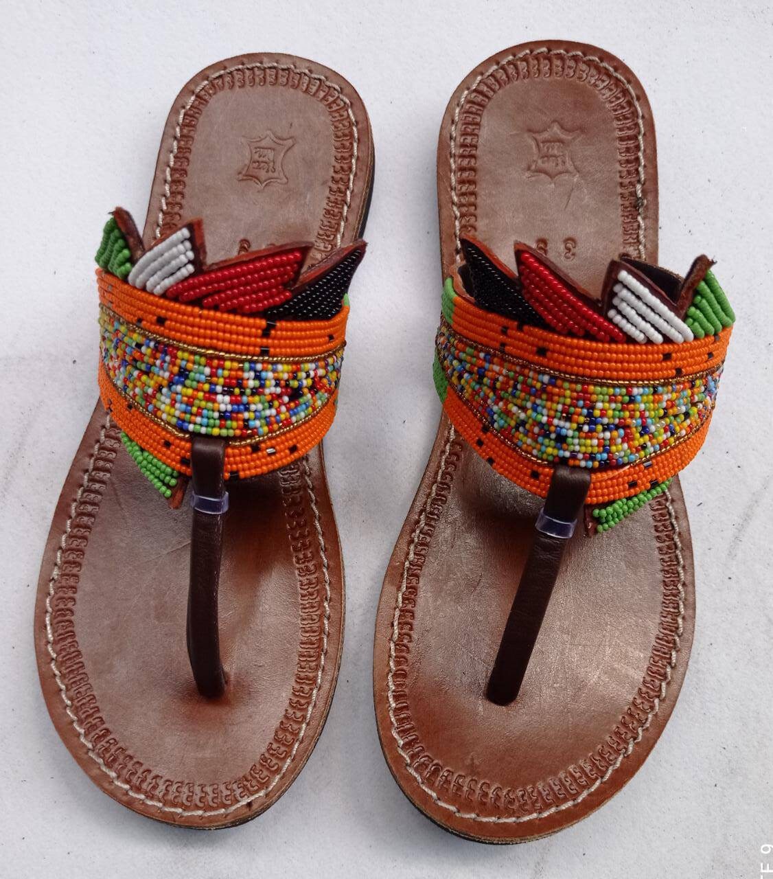 Handmade African Beaded Sandals/Authentic Maasai-Style Leather Flip-Flops Women/Boho Beach Sandals/Comfortable Summer Sandal African Gifts