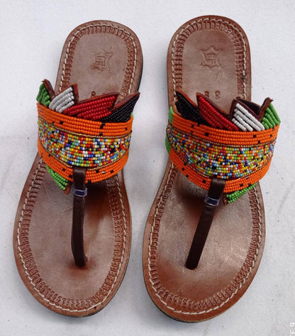 Handmade African Beaded Sandals/Authentic Maasai-Style Leather Flip-Flops Women/Boho Beach Sandals/Comfortable Summer Sandal African Gifts