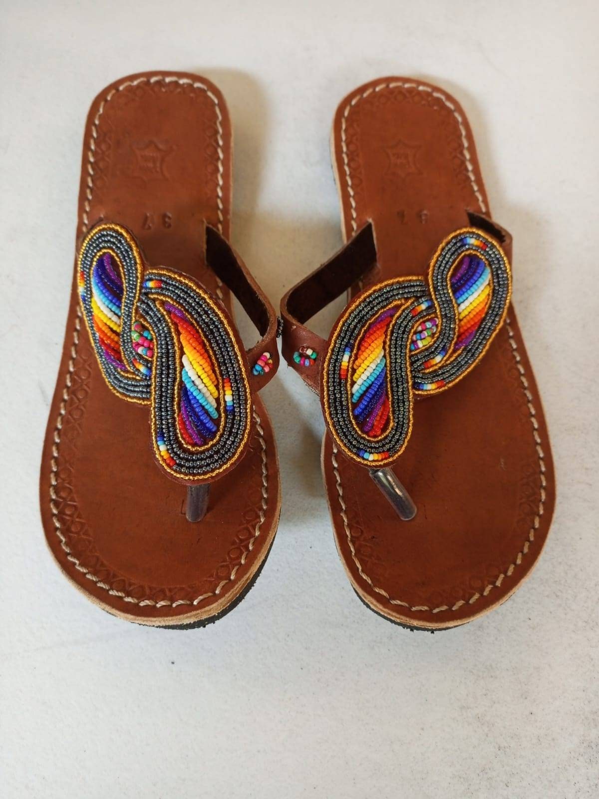 Handmade African Beaded Sandals/Authentic Maasai-Style Leather Flip-Flops Women/Boho Beach Sandals/Comfortable Summer Sandal African Gifts