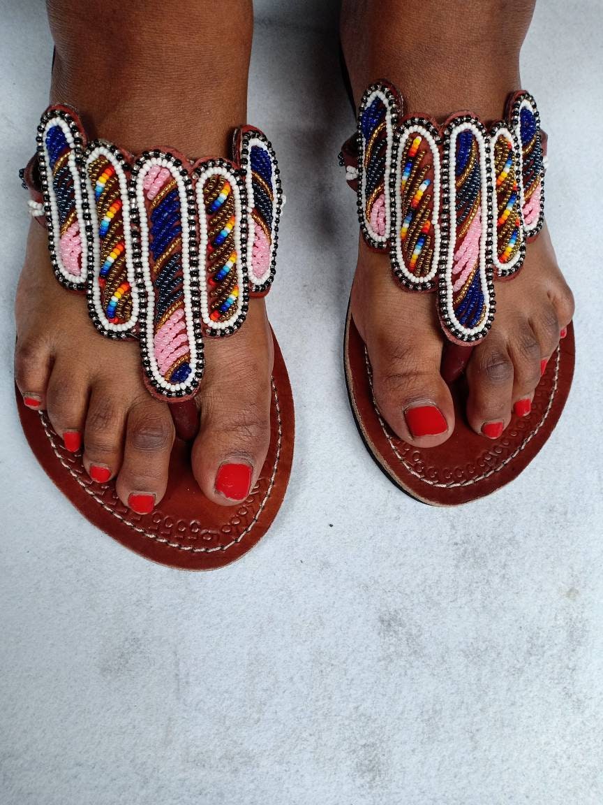 Handmade African Beaded Sandals/Authentic Maasai-Style Leather Flip-Flops Women/Boho Beach Sandals/Comfortable Summer Sandal African Gifts
