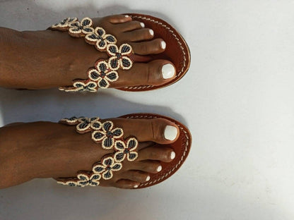 Handmade African Beaded Sandals/Authentic Maasai-Style Leather Flip-Flops Women/Boho Beach Sandals/Comfortable Summer Sandal African Gifts
