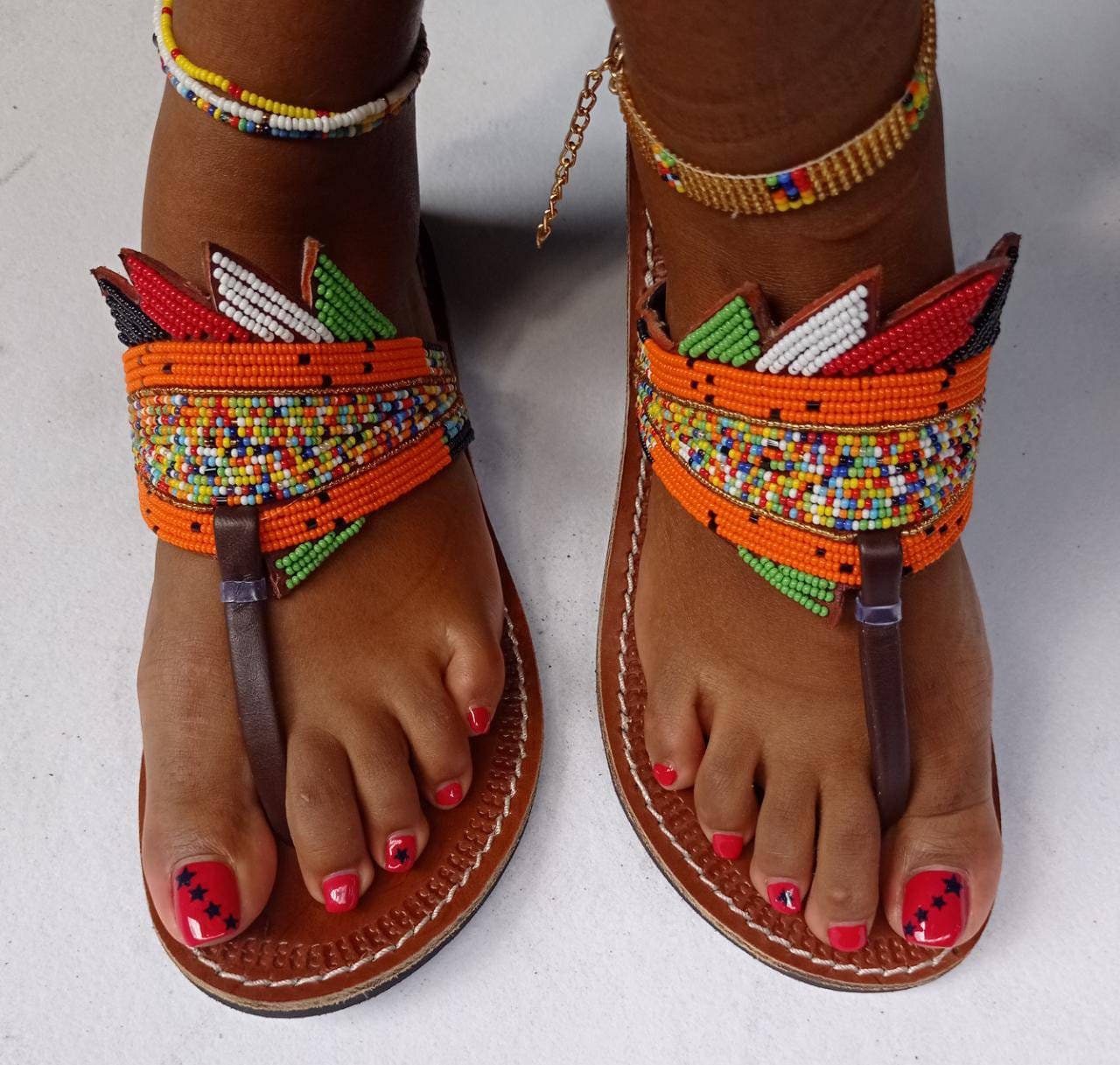 Handmade African Beaded Sandals/Authentic Maasai-Style Leather Flip-Flops Women/Boho Beach Sandals/Comfortable Summer Sandal African Gifts