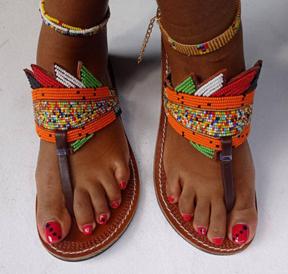 Handmade African Beaded Sandals/Authentic Maasai-Style Leather Flip-Flops Women/Boho Beach Sandals/Comfortable Summer Sandal African Gifts