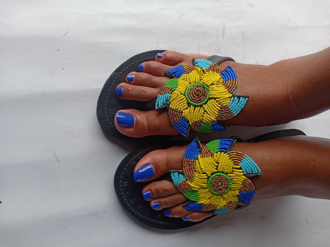Handmade African Beaded Sandals/Authentic Maasai-Style Leather Flip-Flops Women/Boho Beach Sandals/Comfortable Summer Sandal African Gifts