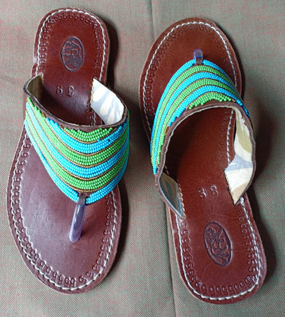 Handmade African Beaded Sandals/Authentic Maasai-Style Leather Flip-Flops Women/Boho Beach Sandals/Comfortable Summer Sandal African Gifts