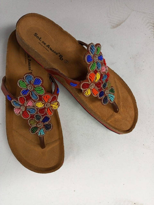 Handmade African Beaded Sandals/Authentic Maasai-Style Leather Flip-Flops Women/Boho Beach Sandals/Comfortable Summer Sandal African Gifts