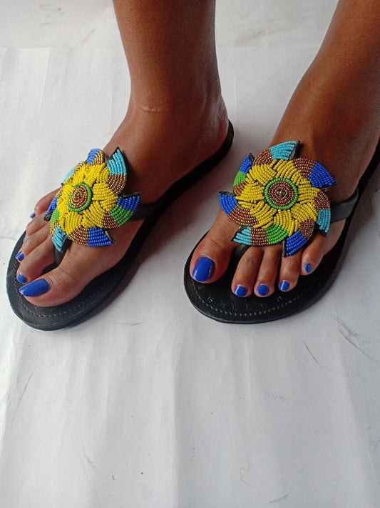 Handmade African Beaded Sandals/Authentic Maasai-Style Leather Flip-Flops Women/Boho Beach Sandals/Comfortable Summer Sandal African Gifts