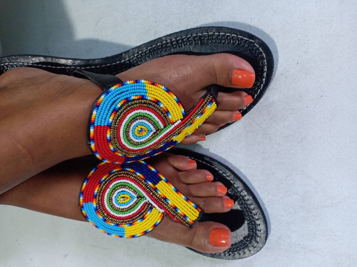 Handmade African Beaded Sandals/Authentic Maasai-Style Leather Flip-Flops Women/Boho Beach Sandals/Comfortable Summer Sandal African Gifts