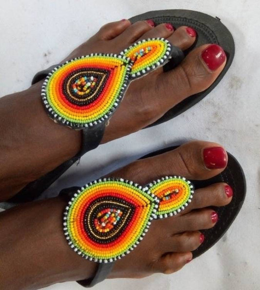 Handmade African Beaded Sandals/Authentic Maasai-Style Leather Flip-Flops Women/Boho Beach Sandals/Comfortable Summer Sandal African Gifts