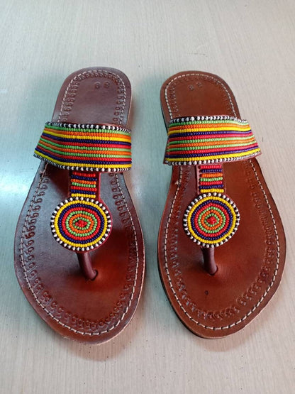 Handmade African Beaded Sandals/Authentic Maasai-Style Leather Flip-Flops Women/Boho Beach Sandals/Comfortable Summer Sandal African Gifts