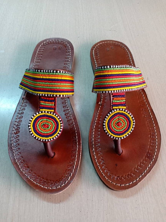 Handmade African Beaded Sandals/Authentic Maasai-Style Leather Flip-Flops Women/Boho Beach Sandals/Comfortable Summer Sandal African Gifts