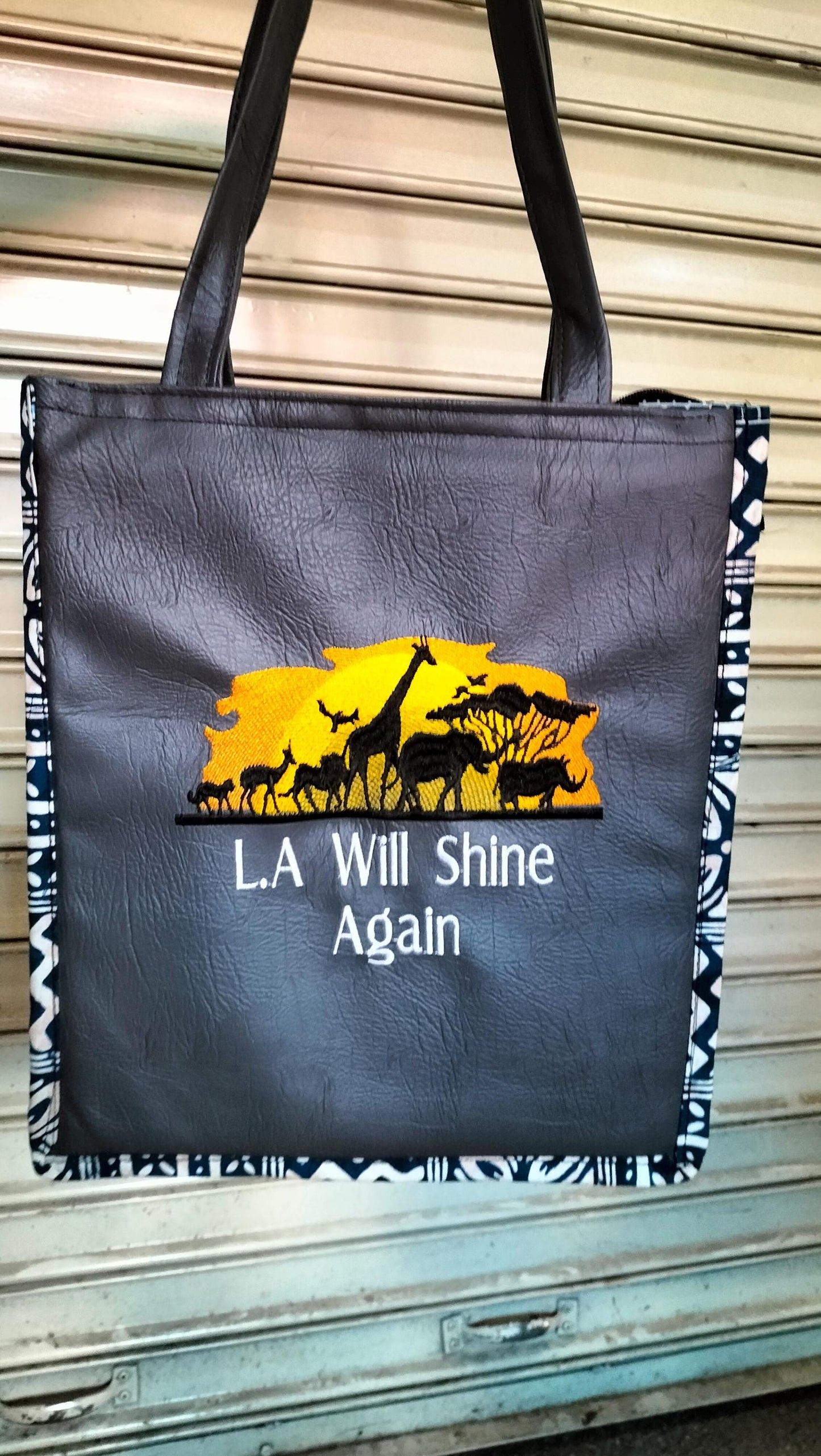 L A will Shine again African Leather Tote bag, handcrafted laptop bag,Black woman modern African tote bag, Stylish tote bag, Brown girl bag.