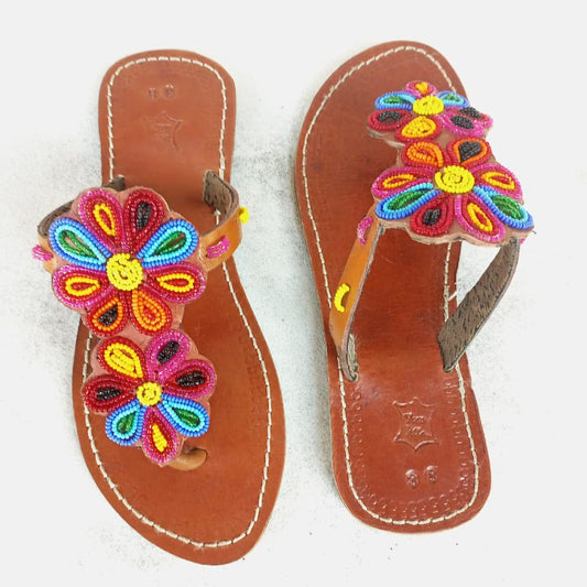 Handmade African Beaded Sandals/Authentic Maasai-Style Leather Flip-Flops Women/Boho Beach Sandals/Comfortable Summer Sandal African Gifts