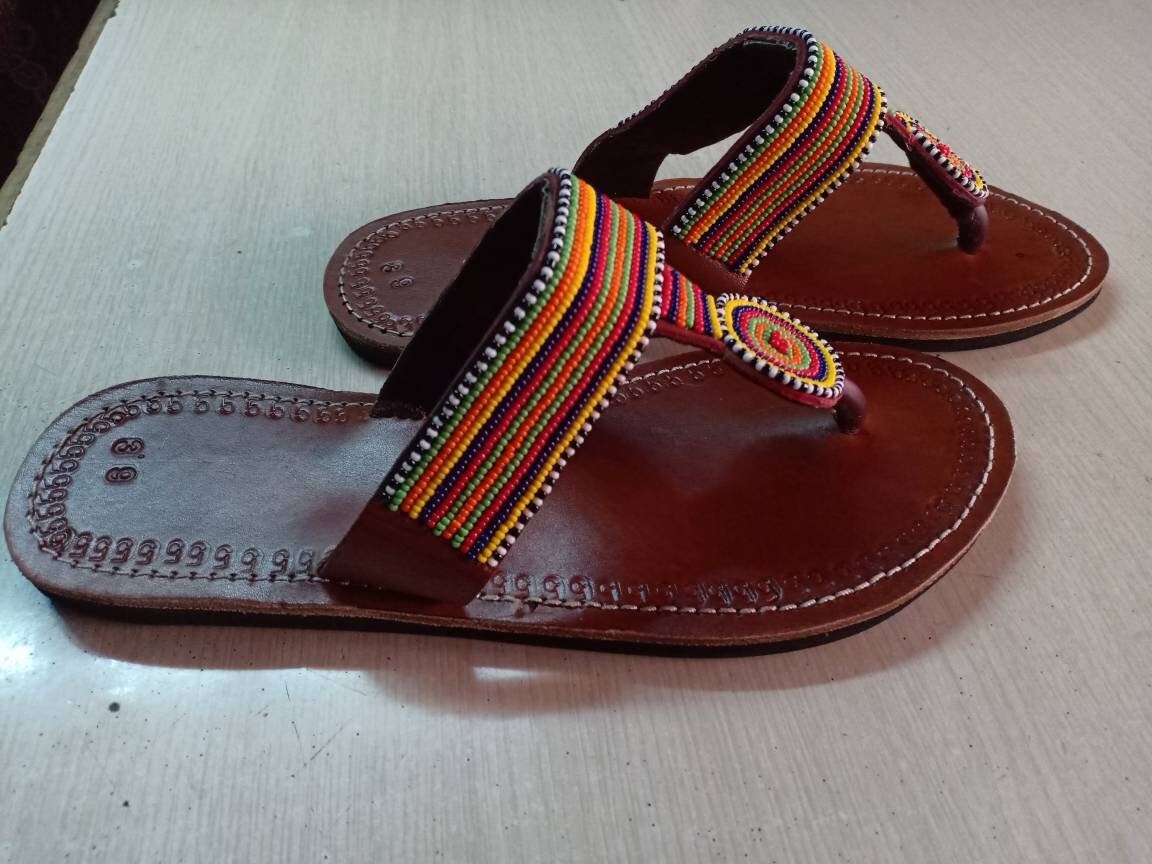 Handmade African Beaded Sandals/Authentic Maasai-Style Leather Flip-Flops Women/Boho Beach Sandals/Comfortable Summer Sandal African Gifts