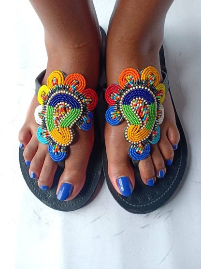 Handmade African Beaded Sandals/Authentic Maasai-Style Leather Flip-Flops Women/Boho Beach Sandals/Comfortable Summer Sandal African Gifts