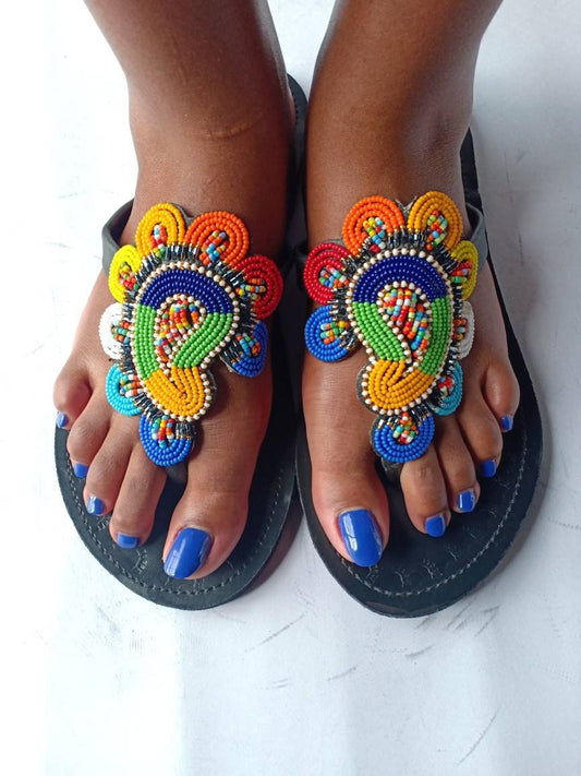 Handmade African Beaded Sandals/Authentic Maasai-Style Leather Flip-Flops Women/Boho Beach Sandals/Comfortable Summer Sandal African Gifts
