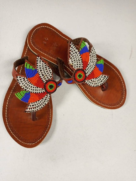 Handmade African Beaded Sandals/Authentic Maasai-Style Leather Flip-Flops Women/Boho Beach Sandals/Comfortable Summer Sandal African Gifts