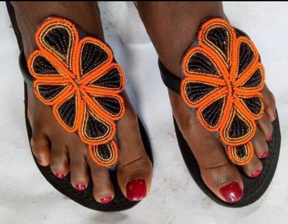 Handmade African Beaded Sandals/Authentic Maasai-Style Leather Flip-Flops Women/Boho Beach Sandals/Comfortable Summer Sandal African Gifts