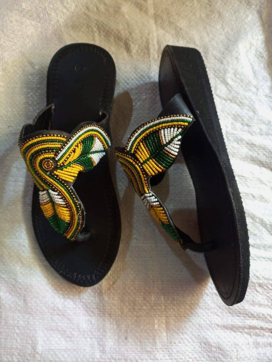 Handmade African Beaded Sandals/Authentic Maasai-Style Leather Flip-Flops Women/Boho Beach Sandals/Comfortable Summer Sandal African Gifts