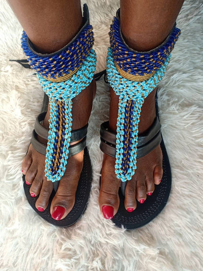 Handmade African Beaded Sandals/Authentic Maasai-Style Leather Flip-Flops Women/Boho Beach Sandals/Comfortable Summer Sandal African Gifts