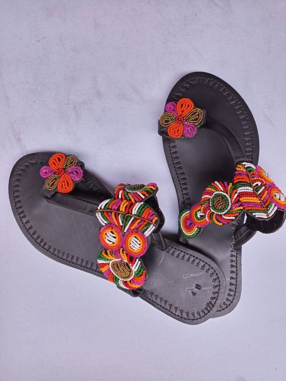 Handmade African Beaded Sandals/Authentic Maasai-Style Leather Flip-Flops Women/Boho Beach Sandals/Comfortable Summer Sandal African Gifts