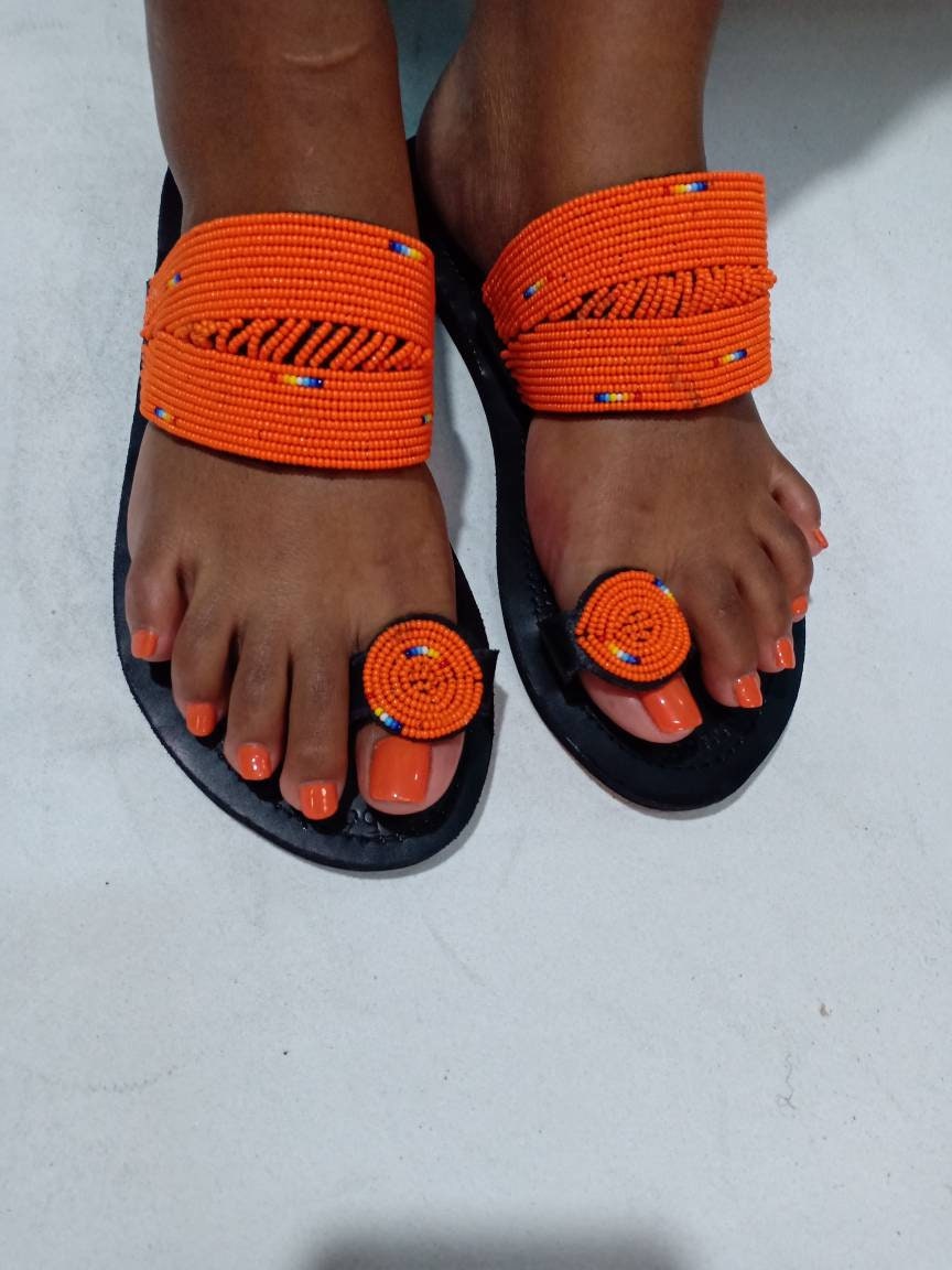 Handmade African Beaded Sandals/Authentic Maasai-Style Leather Flip-Flops Women/Boho Beach Sandals/Comfortable Summer Sandal African Gifts