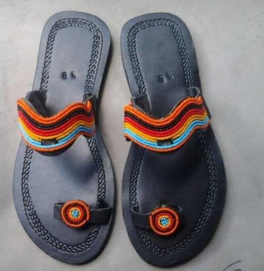 Handmade African Beaded Sandals/Authentic Maasai-Style Leather Flip-Flops Women/Boho Beach Sandals/Comfortable Summer Sandal African Gifts