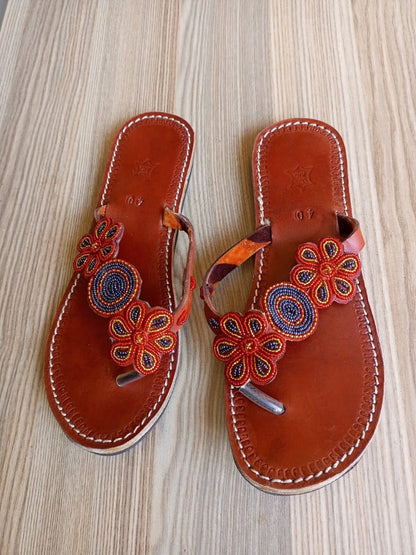 Handmade African Beaded Sandals/Authentic Maasai-Style Leather Flip-Flops Women/Boho Beach Sandals/Comfortable Summer Sandal African Gifts