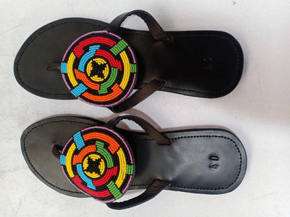 Handmade African Beaded Sandals/Authentic Maasai-Style Leather Flip-Flops Women/Boho Beach Sandals/Comfortable Summer Sandal African Gifts