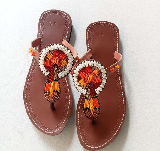 Handmade African Beaded Sandals/Authentic Maasai-Style Leather Flip-Flops Women/Boho Beach Sandals/Comfortable Summer Sandal African Gifts