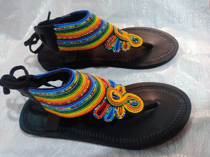 Handmade African Beaded Sandals/Authentic Maasai-Style Leather Flip-Flops Women/Boho Beach Sandals/Comfortable Summer Sandal African Gifts