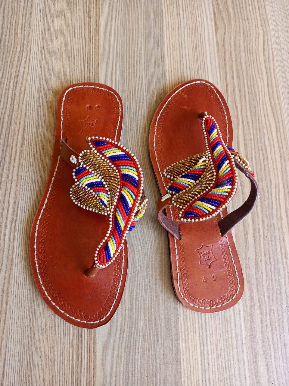 Handmade African Beaded Sandals/Authentic Maasai-Style Leather Flip-Flops Women/Boho Beach Sandals/Comfortable Summer Sandal African Gifts