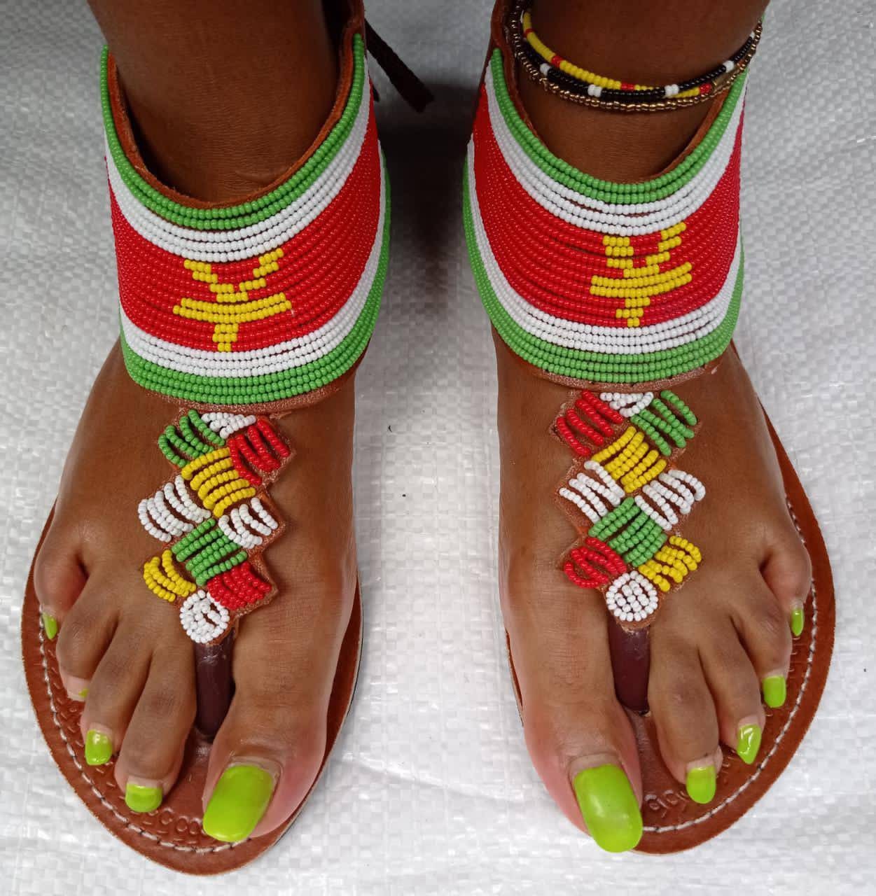 Handmade African Beaded Sandals/Authentic Maasai-Style Leather Flip-Flops Women/Boho Beach Sandals/Comfortable Summer Sandal African Gifts
